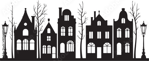 Laser cut Amsterdam style houses. Silhouette of row typical dutch canal houses at Netherlands. Stylized facade of old buildings. Wood carving, paper cut vector template. Background for banner, card