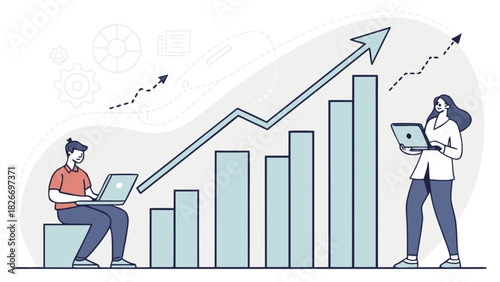 Illustration of people with laptops and a rising bar graph showing business growth and success