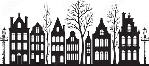 Laser cut Amsterdam style houses. Silhouette of row typical dutch canal houses at Netherlands. Stylized facade of old buildings. Wood carving, paper cut vector template. Background for banner, card