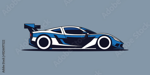 Vector illustration of a blue and white race car side view for automotive design and sports.