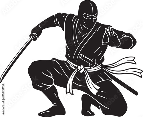 black silhouette of ninja on white background, vector.
