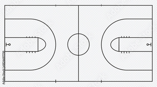 Outline drawing of a standard basketball court top view