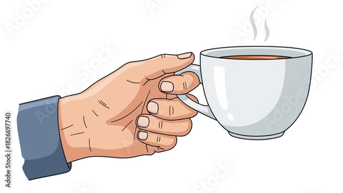 Human hand holding a steaming hot beverage in a white ceramic mug, representing warmth, comfort, and a refreshing break for daily routine