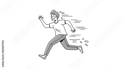 Cartoon illustration of a distressed and panicked man running rapidly, expressing fear, anxiety, and urgency with sweat and motion lines, symbolizing escape or chase