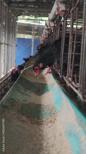Chickens in cages feeding from a trough with food inside a structure