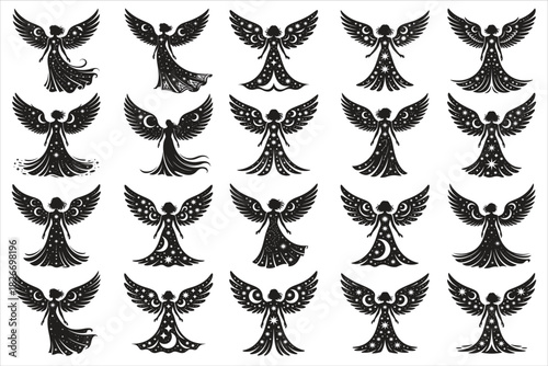 A striking starry angel wings silhouette featuring elegant, outstretched wings adorned with small celestial stars.