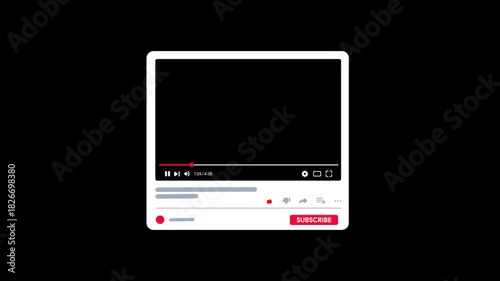 Animated video player interface with like and subscribe buttons Clicking. Youtube social media UI motion graphics. Internet multimedia template. Vlog screen layout mockup. Transparent Background