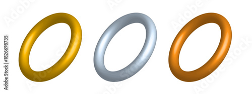 3D Gold, Silver and Copper Rings Set – Realistic Metallic Round Jewelry Accessories in Side and Perspective View, Shiny Decorative Circle Elements Vector Illustration on White Background