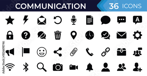 Communication and messaging glyph icon set. Vector pictograms of chat, message, email, notification, call, share, microphone, search, link, wifi, bluetooth, and media illustration