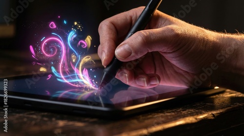 Digital artist creating vibrant artwork on a tablet with a stylus
