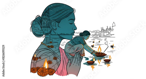 Double exposure illustration of Indian woman praying and offering diya lamp on Ganges river in Varanasi