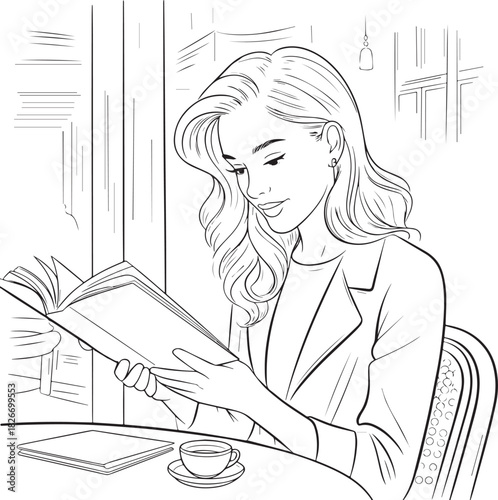 Funny cartoon young woman writing on a notebook in the office chair