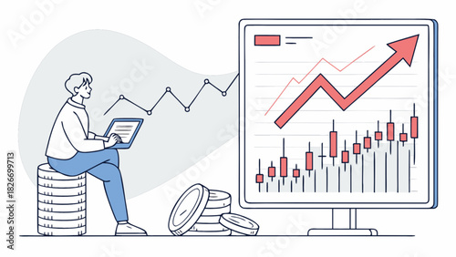 Man with laptop sitting on coins analyzing stock market growth chart on a computer screen displayed nearby