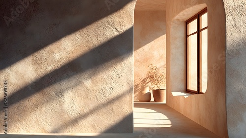 Abstract architectural composition of beige stucco wall with soft shadows cast by window frame, warm neutral tones and minimalist aesthetic.