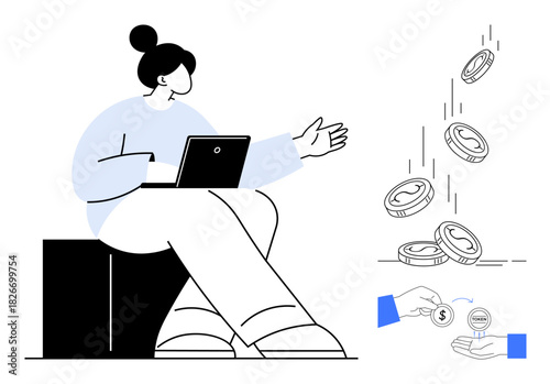 Person using laptop, coins dropping, and hand transferring money symbolizing financial growth, wealth, budgeting, and online payments. Ideal for finance, growth, investment transactions business