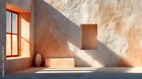 Abstract architectural composition of beige stucco wall with soft shadows cast by window frame, warm neutral tones and minimalist aesthetic.