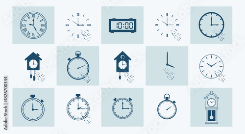 Collection of Various Clock Styles Displaying Time in Different Ways and Designs Set on Pale