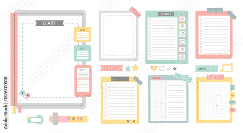 Cute and pastel colored diary pages and memo sheets for personal organization and planning