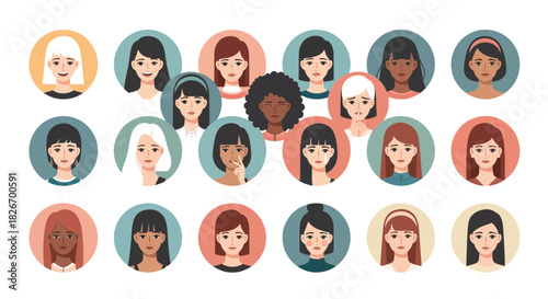 Diverse group of women avatars expressing different emotions in vector format portrait collection