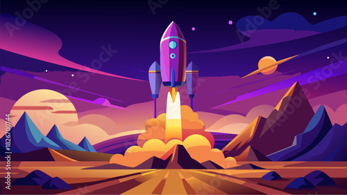 Colorful rocket launching from alien planet surface with mountains, planets and stars in futuristic outer space landscape