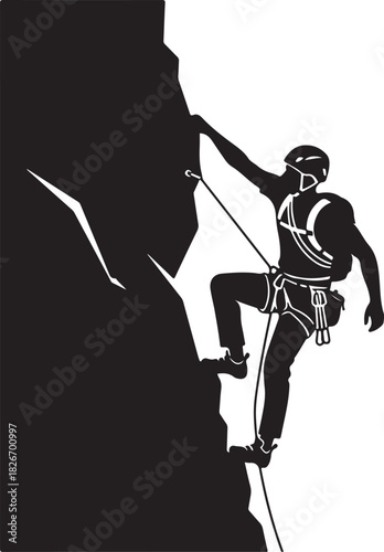 black silhouette of mountain climber on white background, vector.