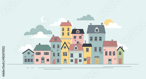 Illustration of a colorful and whimsical cartoon town with buildings and houses aligned nicely