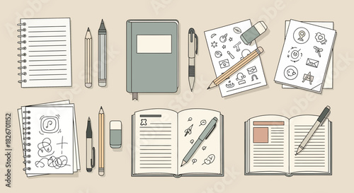 Illustration of stationery items including notebooks, pens, pencils, and erasers on a desk surface