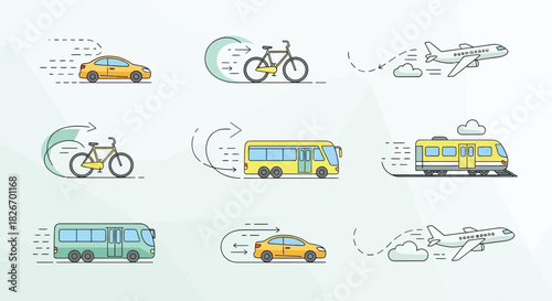 Illustration representing various modes of transportation including car, bicycle, bus and airplane