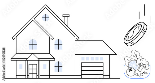 House with falling coin and organic waste in compost bin promoting eco-friendliness, cost savings, recycling. Ideal for sustainability, eco-living, waste management, green energy, home improvement