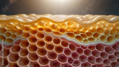 Close-up microscopic view of healthy skin cells regenerating and repairing damage a scientific animation depicting dermal layers and cellular renewal under