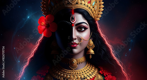 Mystical close up portrait of Hindu goddess Kali face wearing gold jewelry and red hibiscus flower  illustration