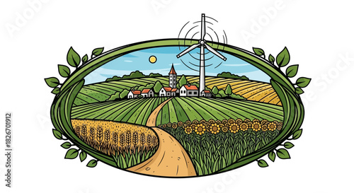 Sustainable agriculture landscape with windmill wheat field sunflower and charming village