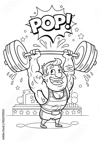 A funny weightlifter lifted a barbell. coloring book