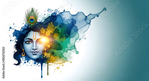 Artistic watercolor  illustration of Lord Krishna face blending into colorful blue and yellow paint splashes with a peacock feather