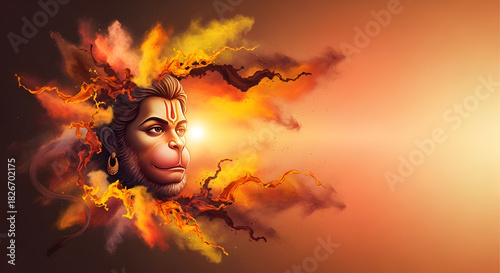 Artistic Watercolor Splash Portrait of Lord Hanuman Side Profile with Glowing Orange Background  Illustration