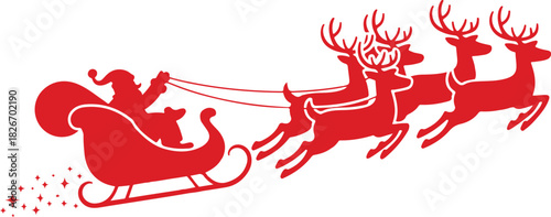 Santa Claus Silhouette in sleigh full of gifts with reindeers. Merry christmas and Happy new year decoration. Vector on transparent background