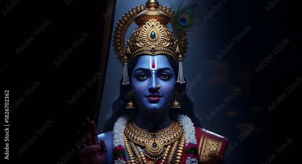 Fototapeta premium Divine portrait of blue skinned Hindu Lord Krishna wearing golden crown and jewelry in dark setting illustration