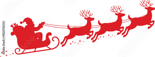 Santa Claus Silhouette in sleigh full of gifts with reindeers. Merry christmas and Happy new year decoration. Vector on transparent background