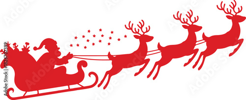 Santa Claus Silhouette in sleigh full of gifts with reindeers. Merry christmas and Happy new year decoration. Vector on transparent background