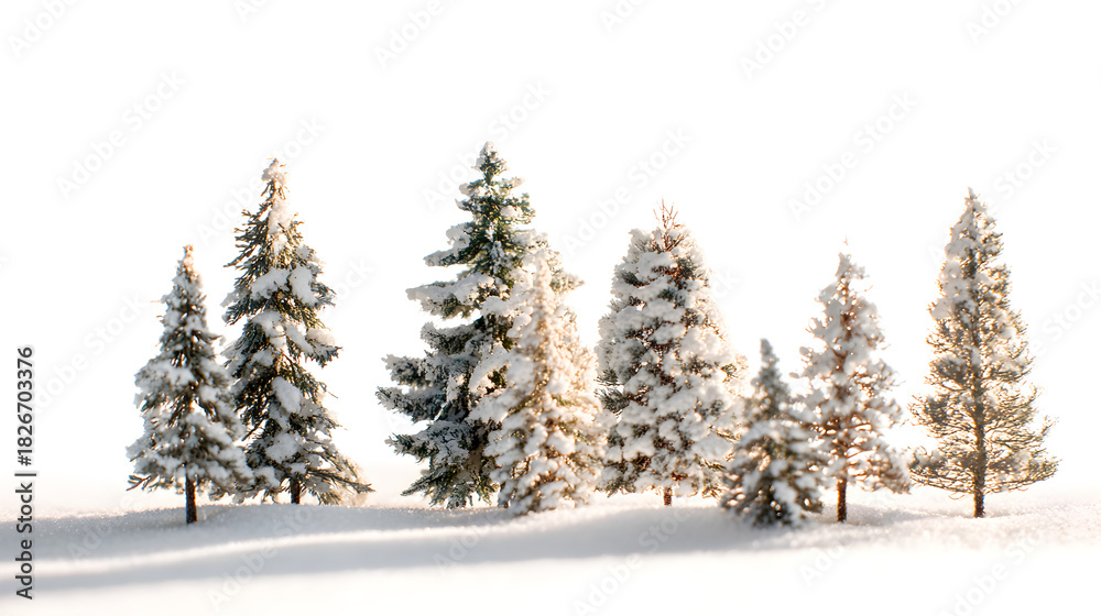 Fototapeta premium Snow-covered miniature pine trees with soft winter lighting around open white background