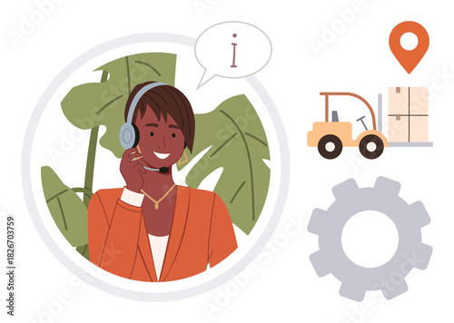 Smiling woman wearing a headset, speech bubble with information icon, gear, forklift with cargo, and location pin. Ideal for customer service, logistics, teamwork, delivery management technology