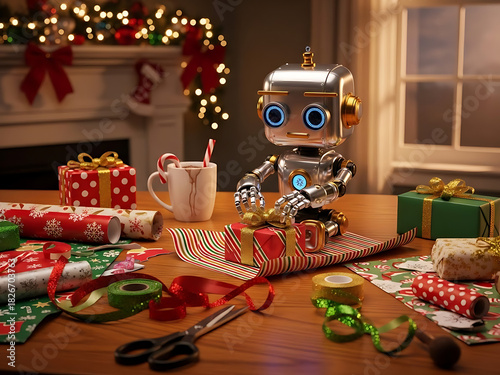 A charming robot wraps Christmas presents with ribbons and paper on a decorated table, surrounded by glowing lights and festive ornaments, soft cozy holiday ambiance