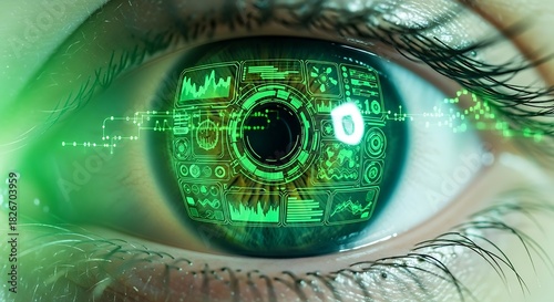 Futuristic vision of eye with advanced technology interface for cyber security, data analysis, and cutting edge science research projects