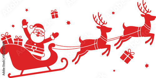 Silhouette of Santa holding one hand on a sleigh with reindeer and waving on a white. Christmas, new year