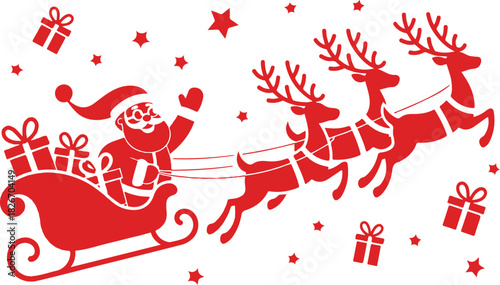 Silhouette of Santa holding one hand on a sleigh with reindeer and waving on a white. Christmas, new year