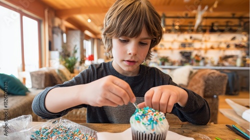 Wallpaper Mural Young boy decorating a cupcake at a table. Torontodigital.ca