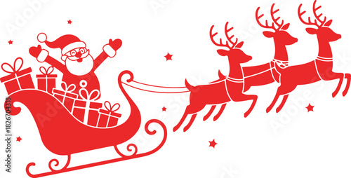 Silhouette of Santa holding one hand on a sleigh with reindeer and waving on a white. Christmas, new year