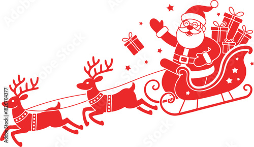 Silhouette of Santa holding one hand on a sleigh with reindeer and waving on a white. Christmas, new year