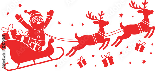 Silhouette of Santa holding one hand on a sleigh with reindeer and waving on a white. Christmas, new year