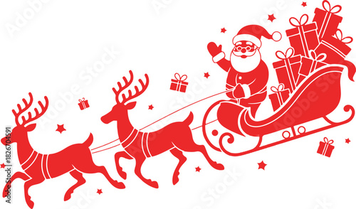 Silhouette of Santa holding one hand on a sleigh with reindeer and waving on a white. Christmas, new year